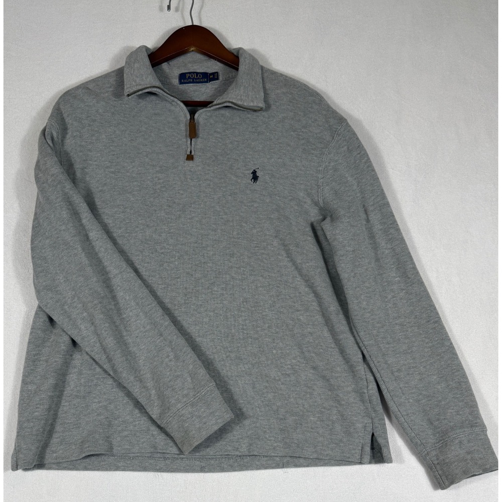 Polo Ralph Lauren Mens Medium Gray Ribbed Cotton Quarter Zip Pullover Sweater